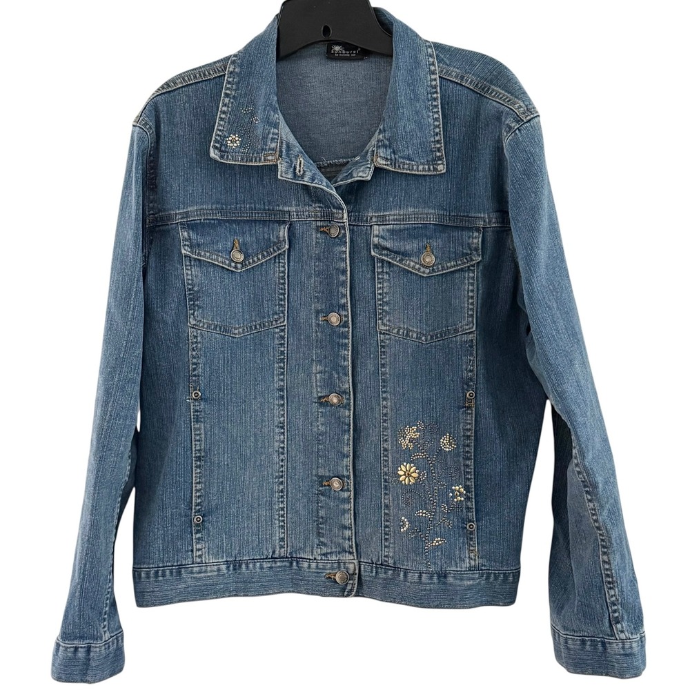 90's Sunburst Denim Jacket Women L Blue Floral Studded Rhinestone Trucker Coat - Picture 3 of 16